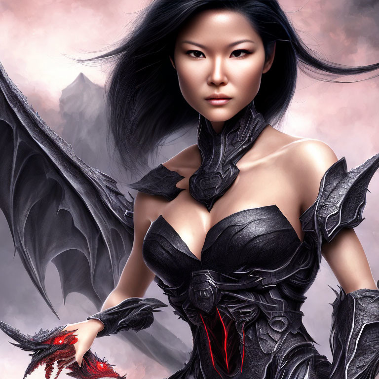 Illustrated Female Warrior in Black Winged Armor Holding Red Dragon