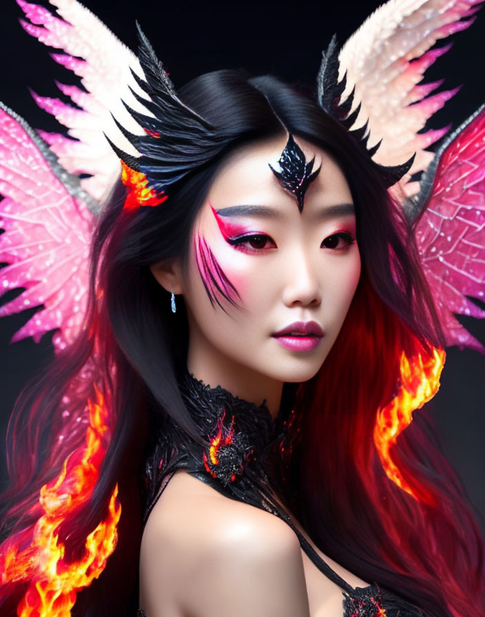 Woman with Striking Black and Pink Feather Makeup and Fiery Outfit on Black Background