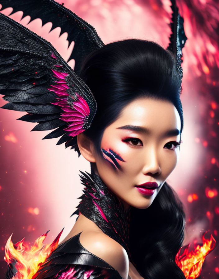 Dark-haired woman with dragon wings and fiery backdrop.