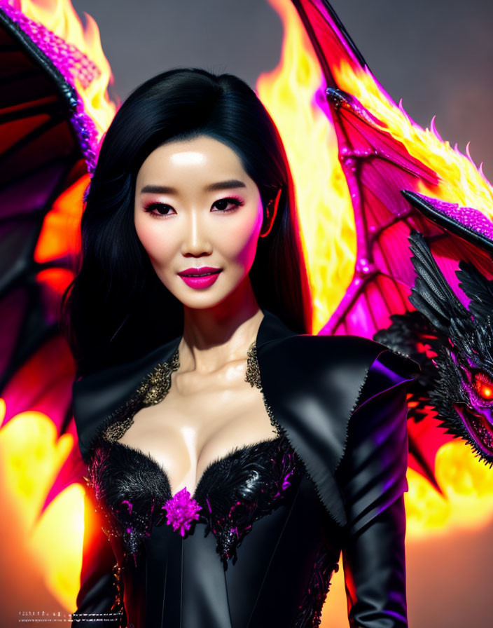 Dark-haired woman with striking makeup in front of blazing dragon wings and fiery backdrop