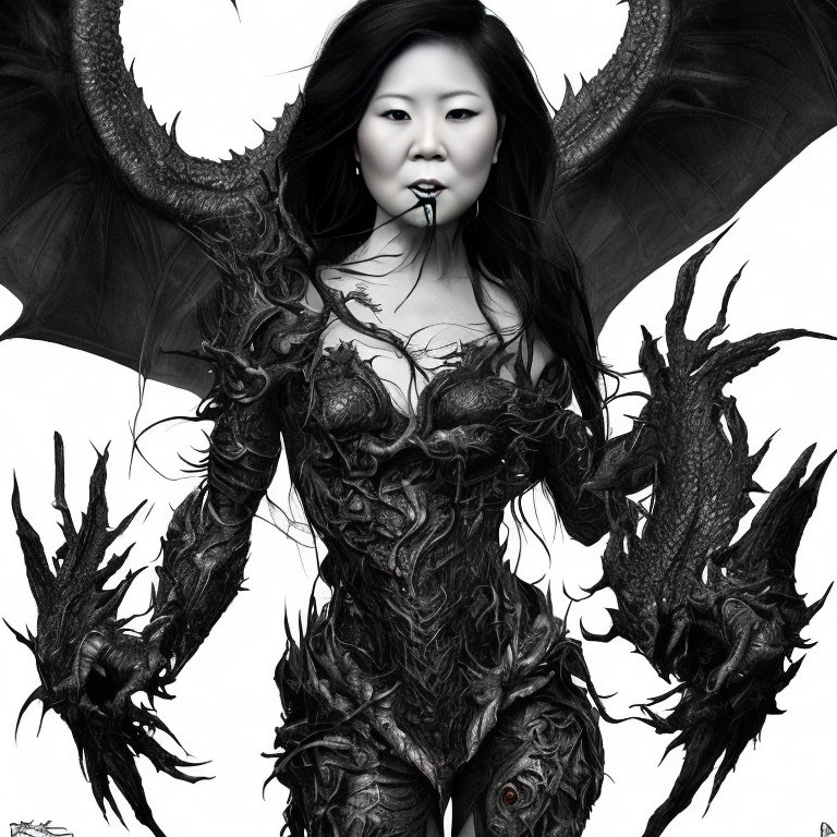 Fantasy-themed image of person in dark, branch-like armor with bat wings and red eye