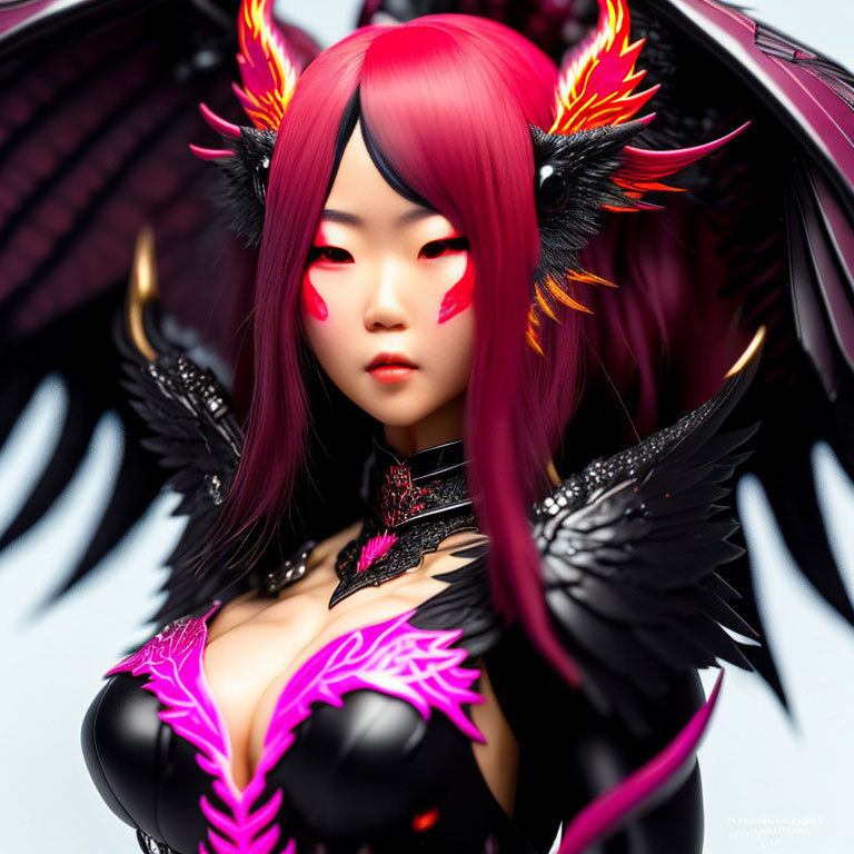 Fantasy digital artwork: character with red and black wings, red hair, pink accents, glowing eyes