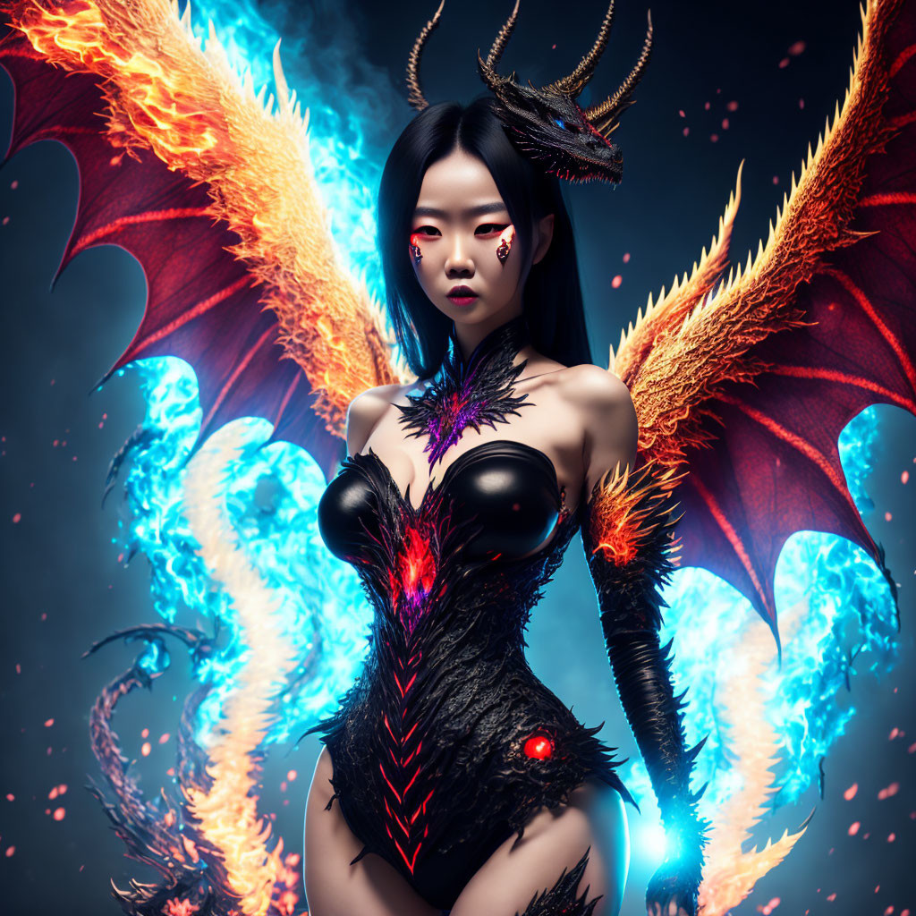 Fantasy female character with dragon-like wings and horns in black corset with fiery details.