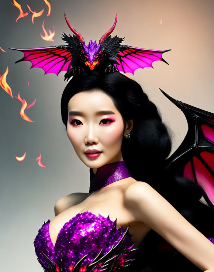 Stylized portrait of woman in purple dragon costume on smoky background