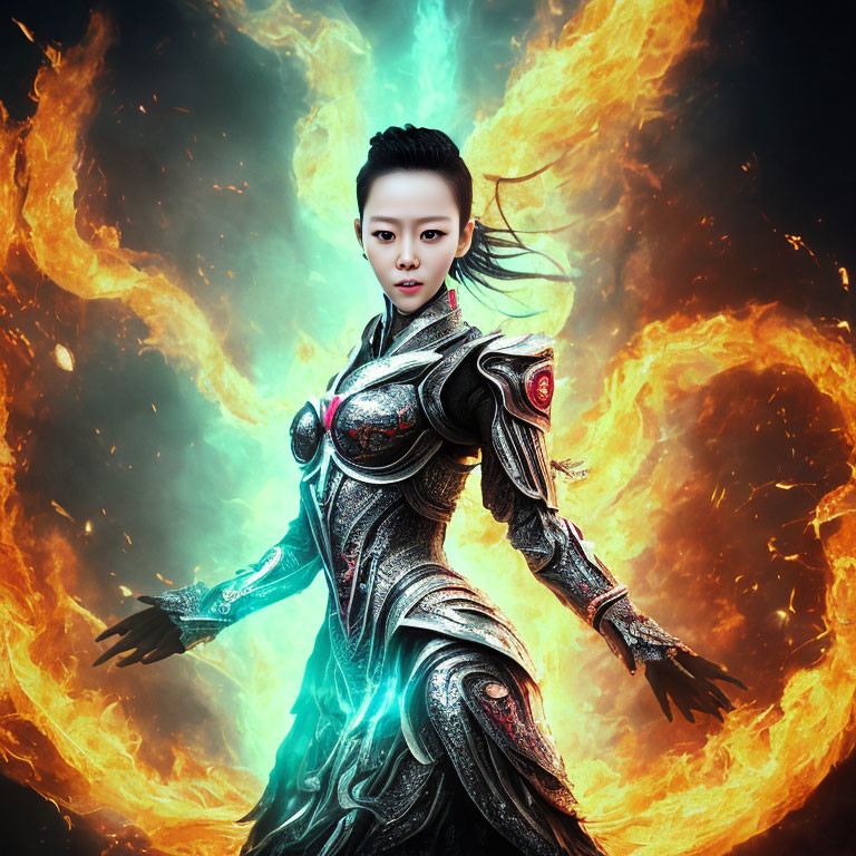 Futuristic armor-clad woman in fiery energy vortex