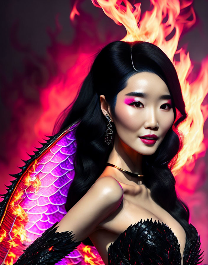 Woman with fiery makeup and flame-styled hair in dark outfit with fiery wings on fiery backdrop