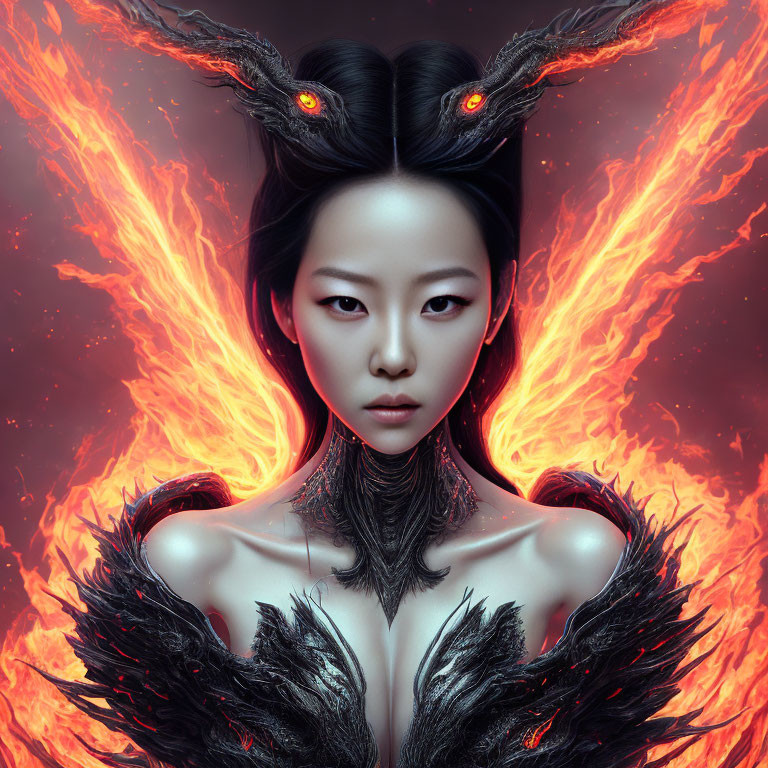 Woman with glowing red eyes in dark feathery attire emerges from flames