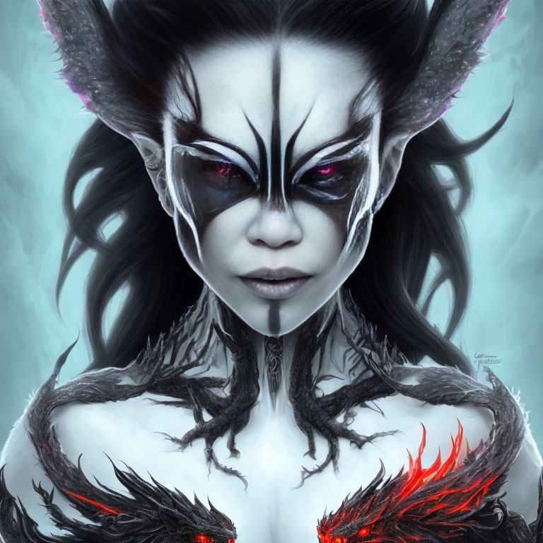 Fantasy creature with dark eyes, pointed ears, horn-like structures, and glowing red markings.