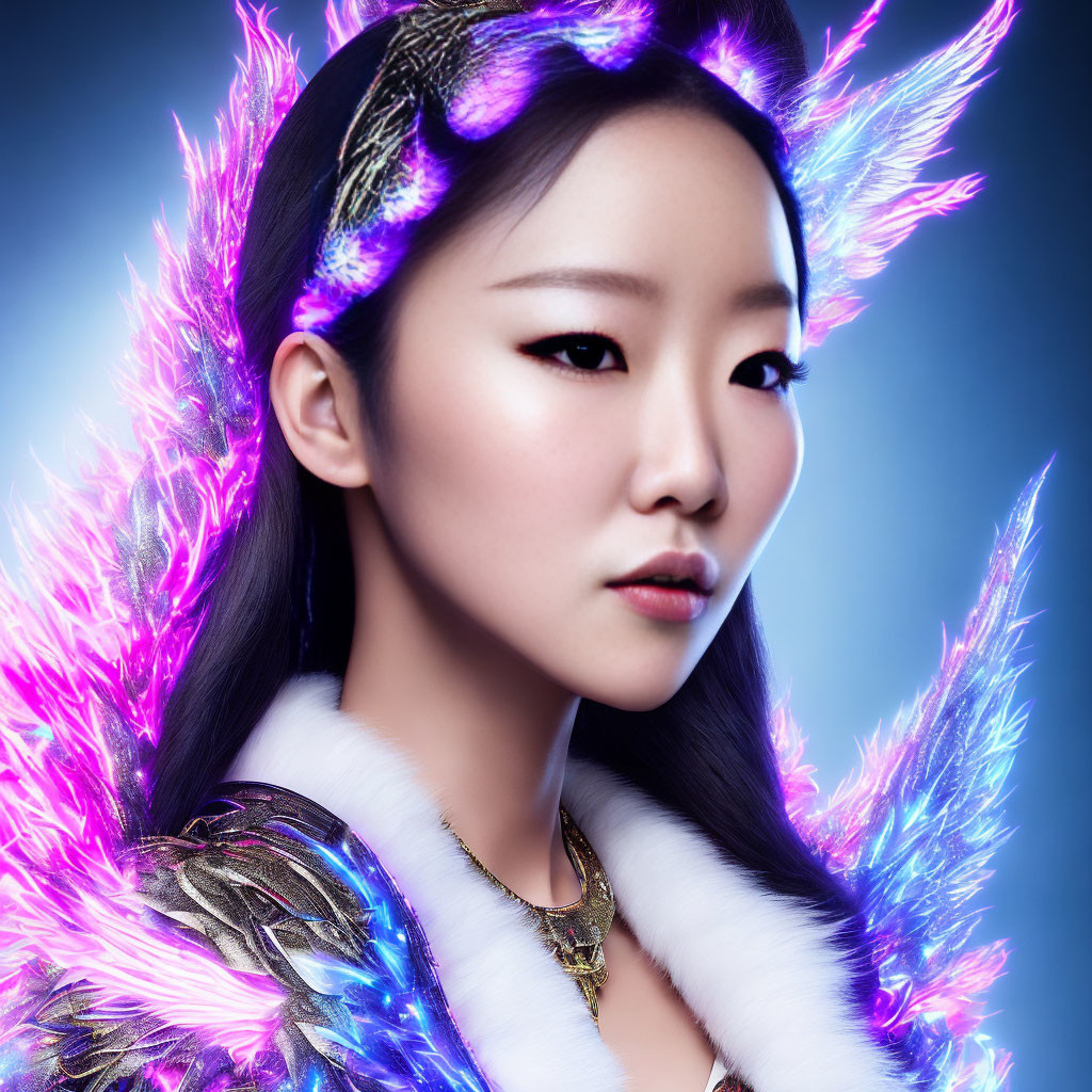 Person with purple and pink feathers, silver armor, and white fur on blue background