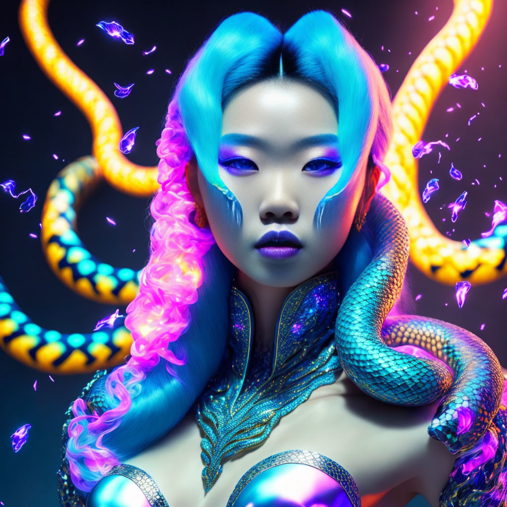 Vibrant woman with blue hair and neon snakes on dark backdrop