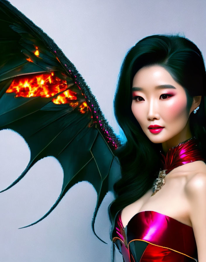 Fiery wing-like accessories on woman in glossy red outfit