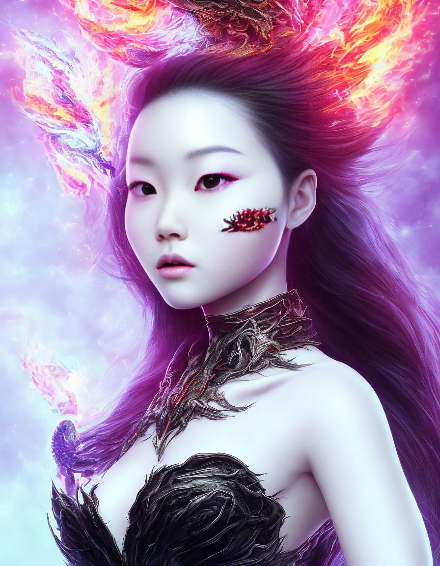 Fantastical portrait of woman with purple skin and phoenix wings.