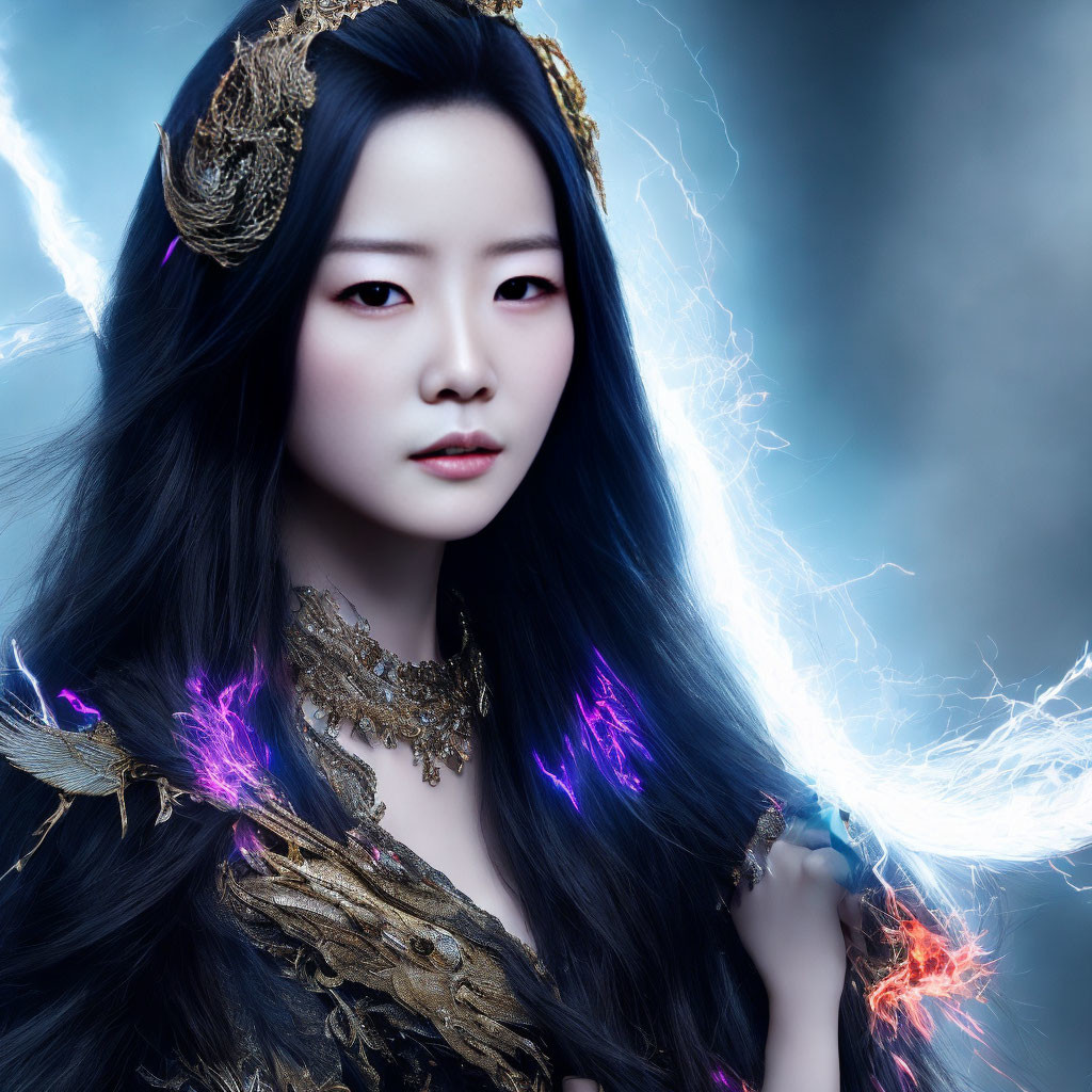 Pale-skinned woman in dark attire with golden accessories, engulfed in blue light and purple sparks