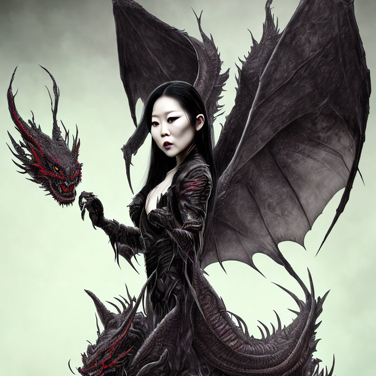 Pale-skinned woman in dark attire holding red-eyed dragon creature with black wings on muted background