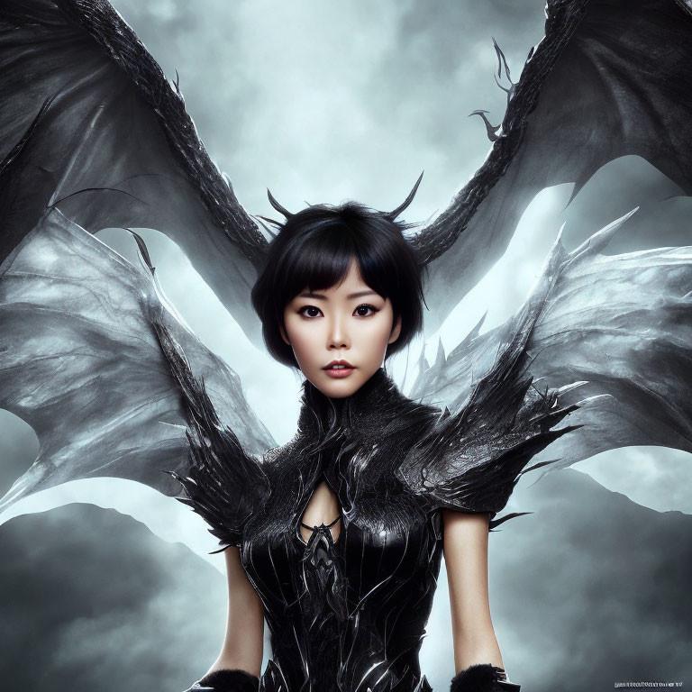 Dark-haired woman in winged fantasy armor under ominous sky