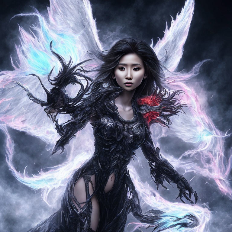 Dark armored female character with ethereal wings in moody backdrop