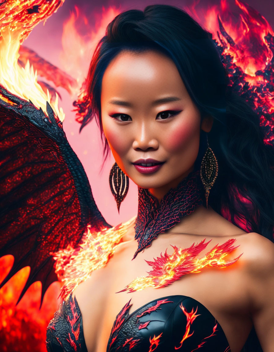 Dragon-themed attire woman in fierce gaze with fiery backdrop.