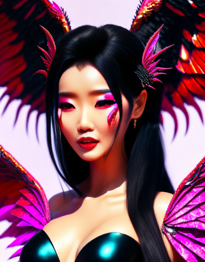 Stylized image of woman with dark hair and fantasy wings