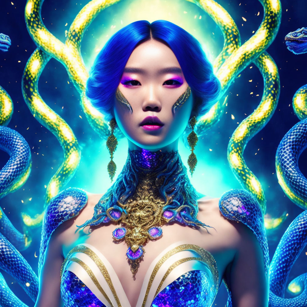 Colorful fantasy portrait: Woman with blue hair, glowing snakes, starry background