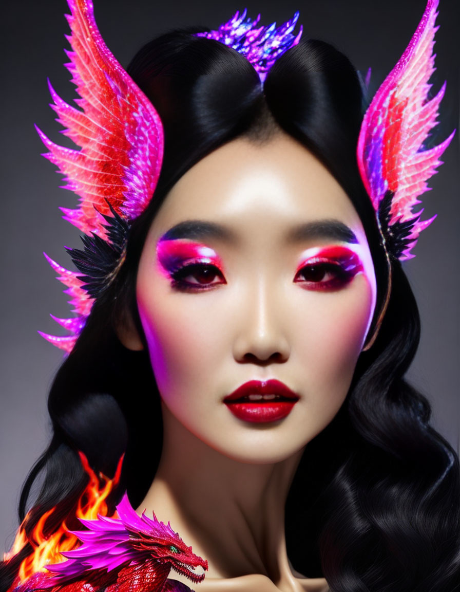 Woman with Pink Eyeshadow, Red Lipstick, Glowing Horns, and Dragon Companion