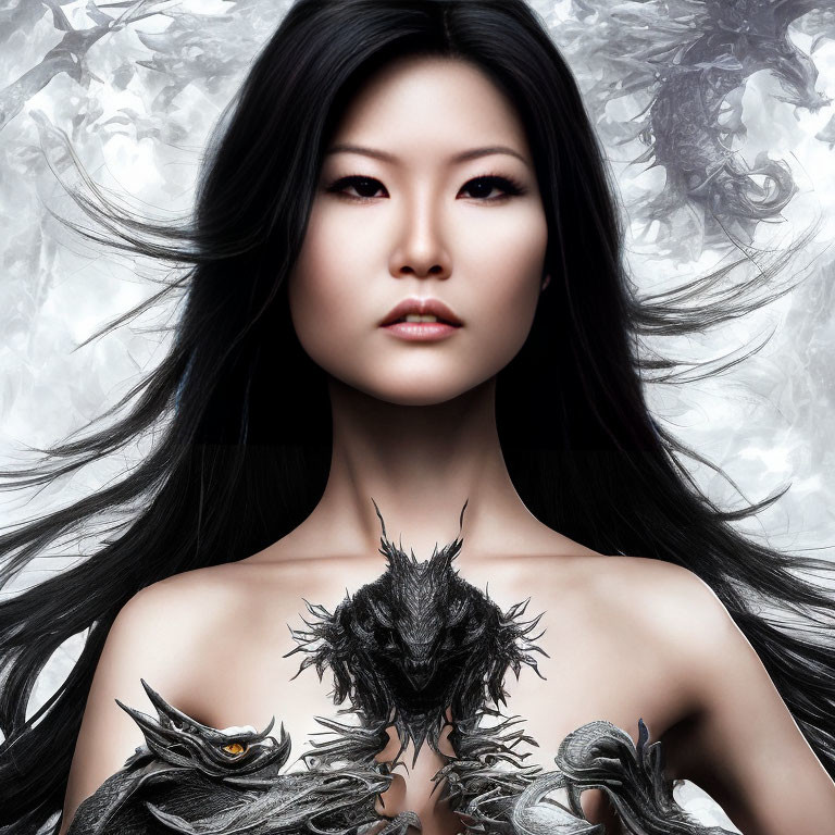 Woman with long black hair and dragon-like creatures on shoulders in mystical setting