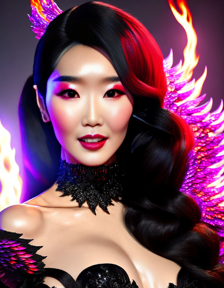 Elegant woman with black and red hair, vibrant makeup, and flame-like wings on dark backdrop