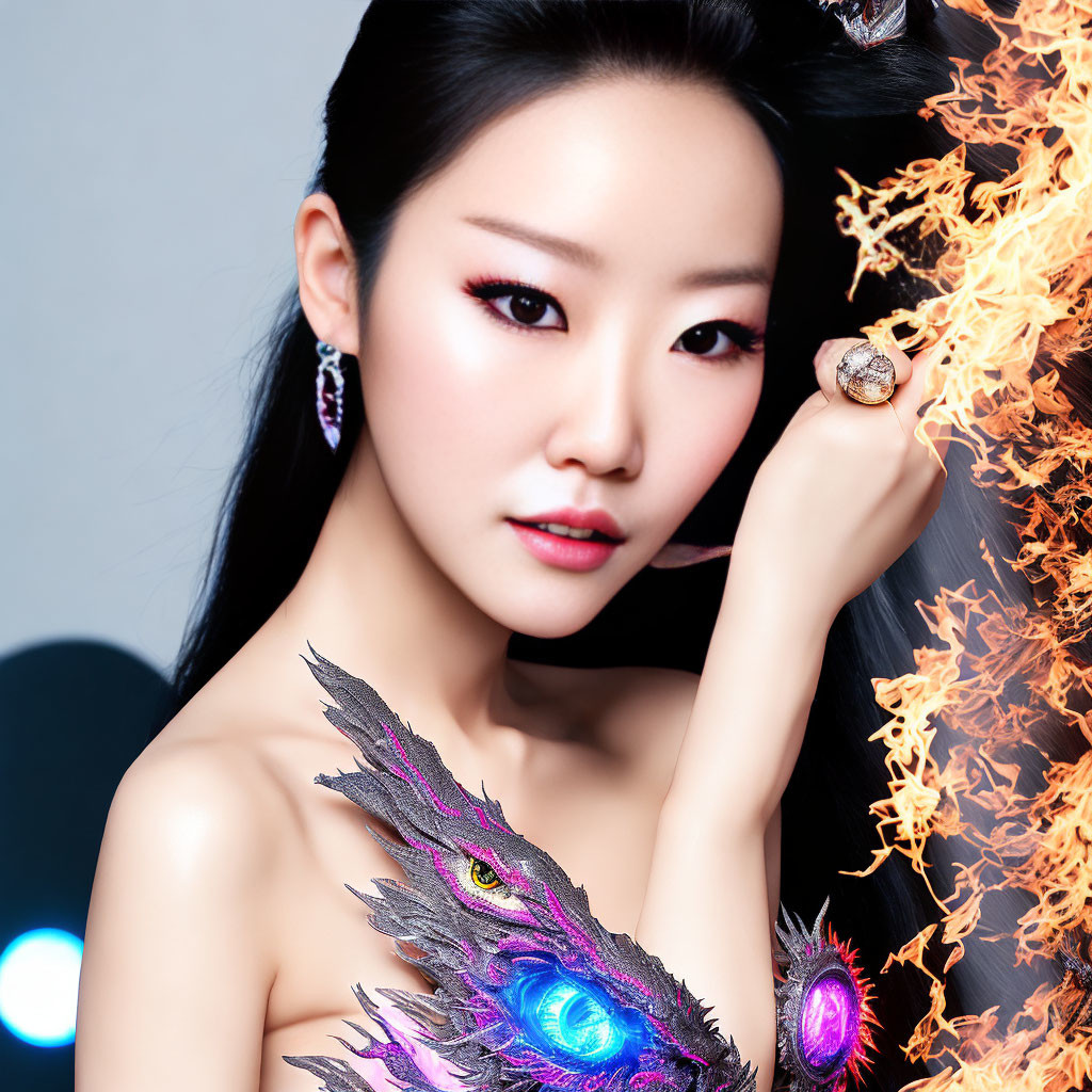 Fantasy-style woman with dragon-themed shoulder piece and dramatic makeup