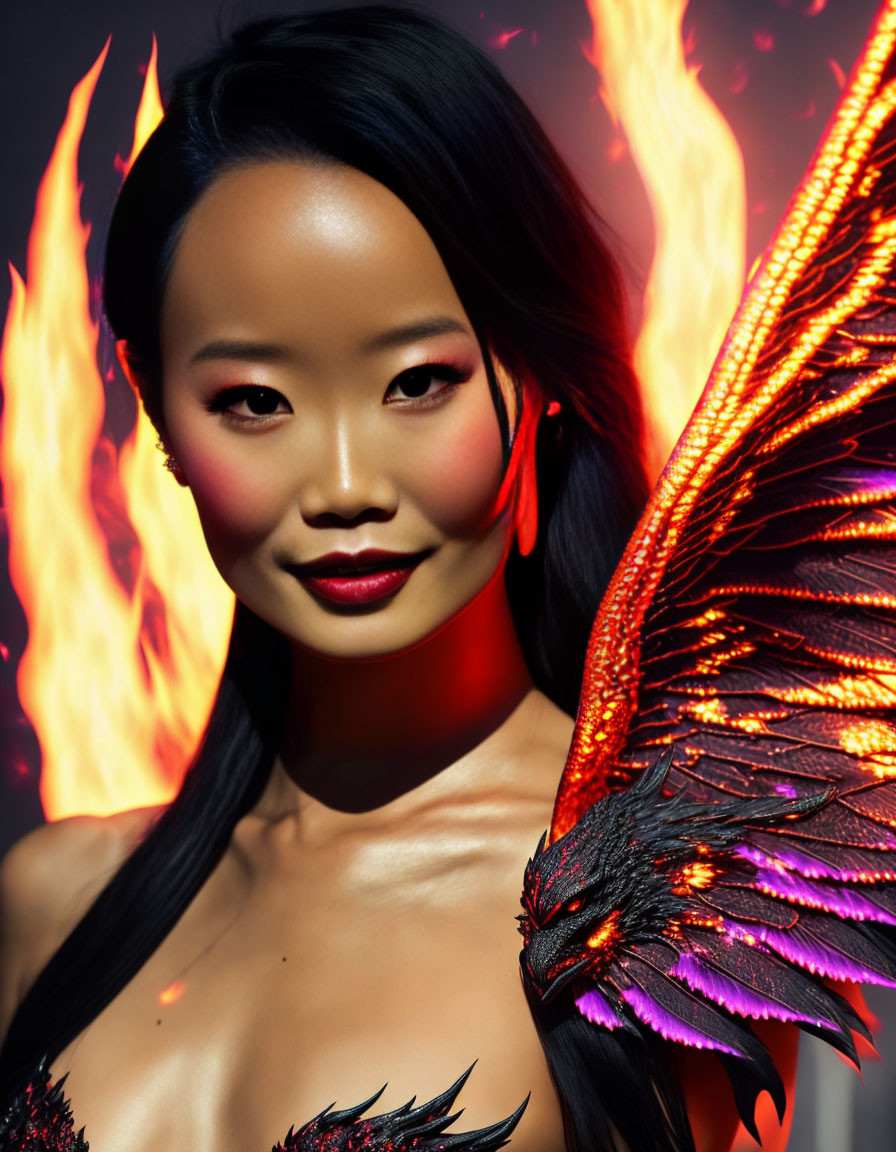 Fierce Elegance with Fiery Wings and Dramatic Flames