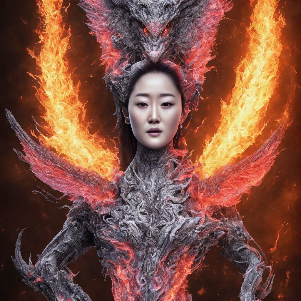 Woman's expressionless face superimposed on fiery creature with wings, dark background