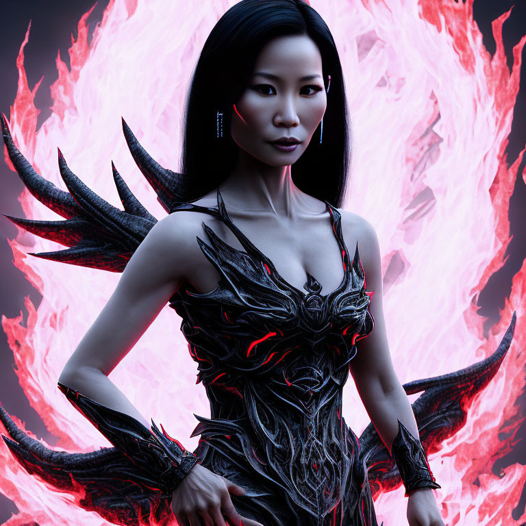 Dark-armored woman with wings in front of fiery backdrop