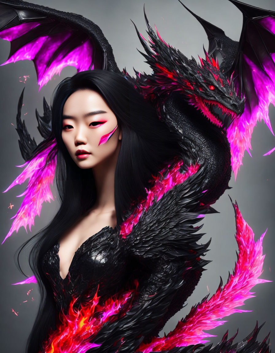 Dark-haired woman with feather adornments and black dragon with pink accents.