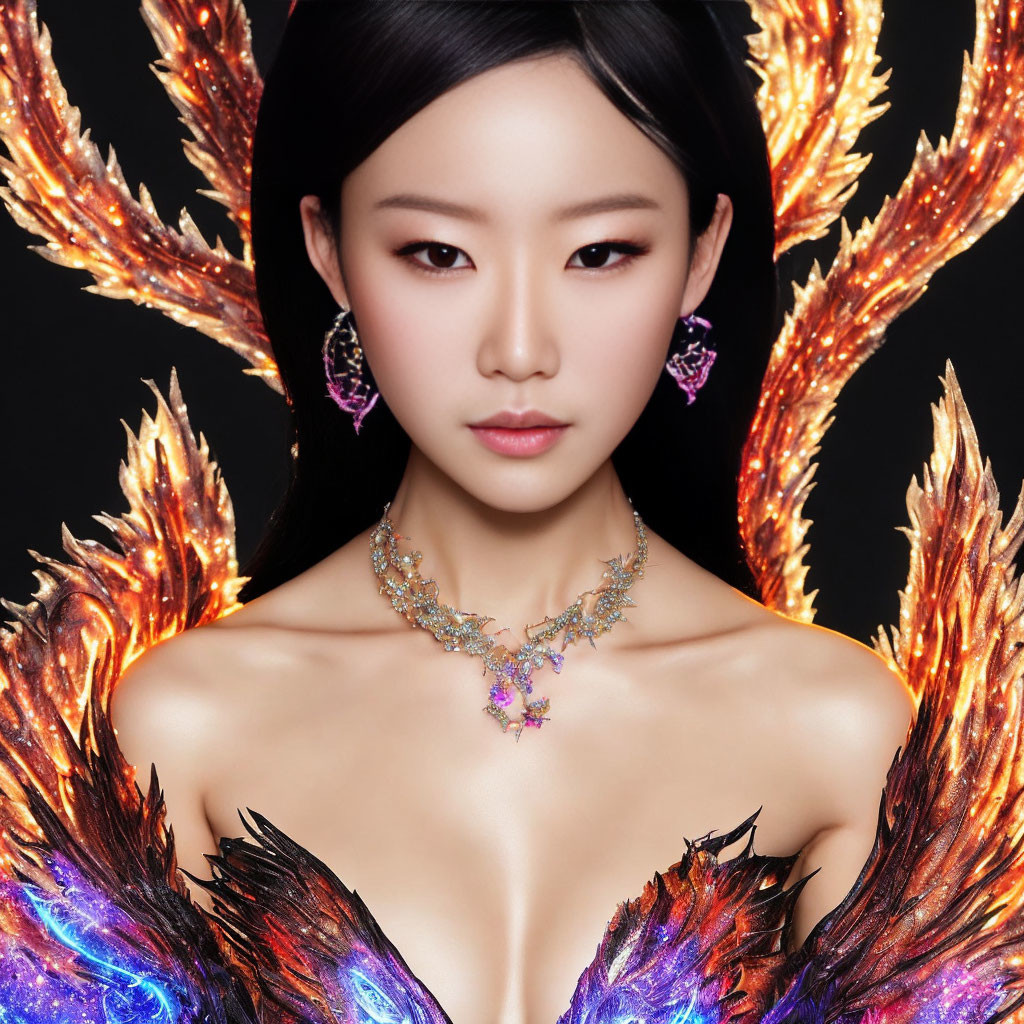 Serene woman adorned with elegant jewelry among fiery phoenix wings