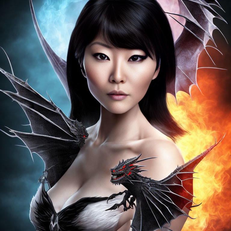 Woman with Intense Gaze Between Fiery and Icy Dragons