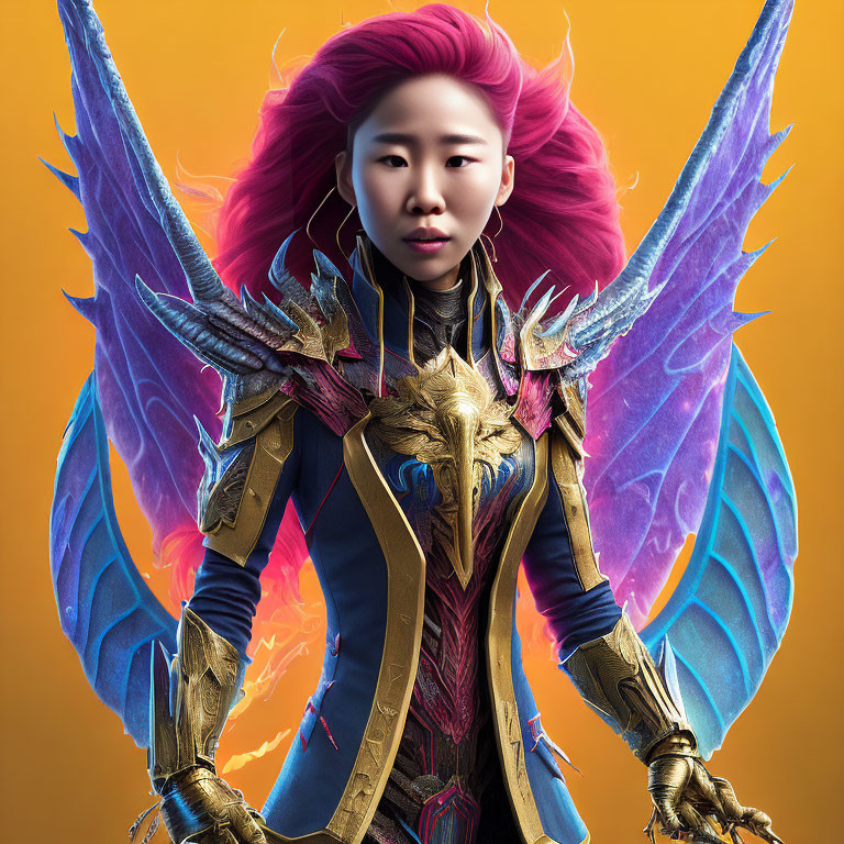 Digital Artwork: Person with Pink Hair, Fantasy Armor, and Ethereal Wings