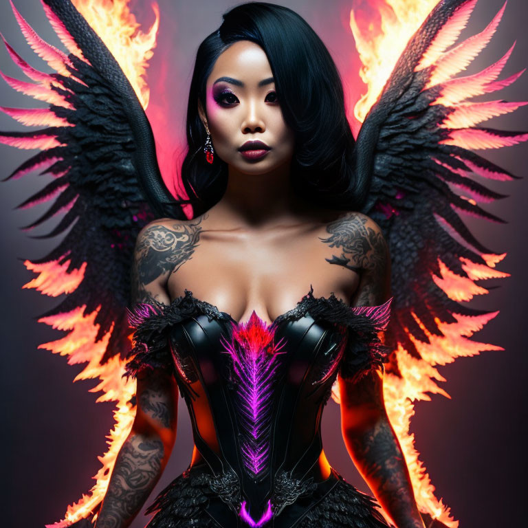 Woman in dramatic makeup and corset with black angel wings engulfed in digital flames on dark background