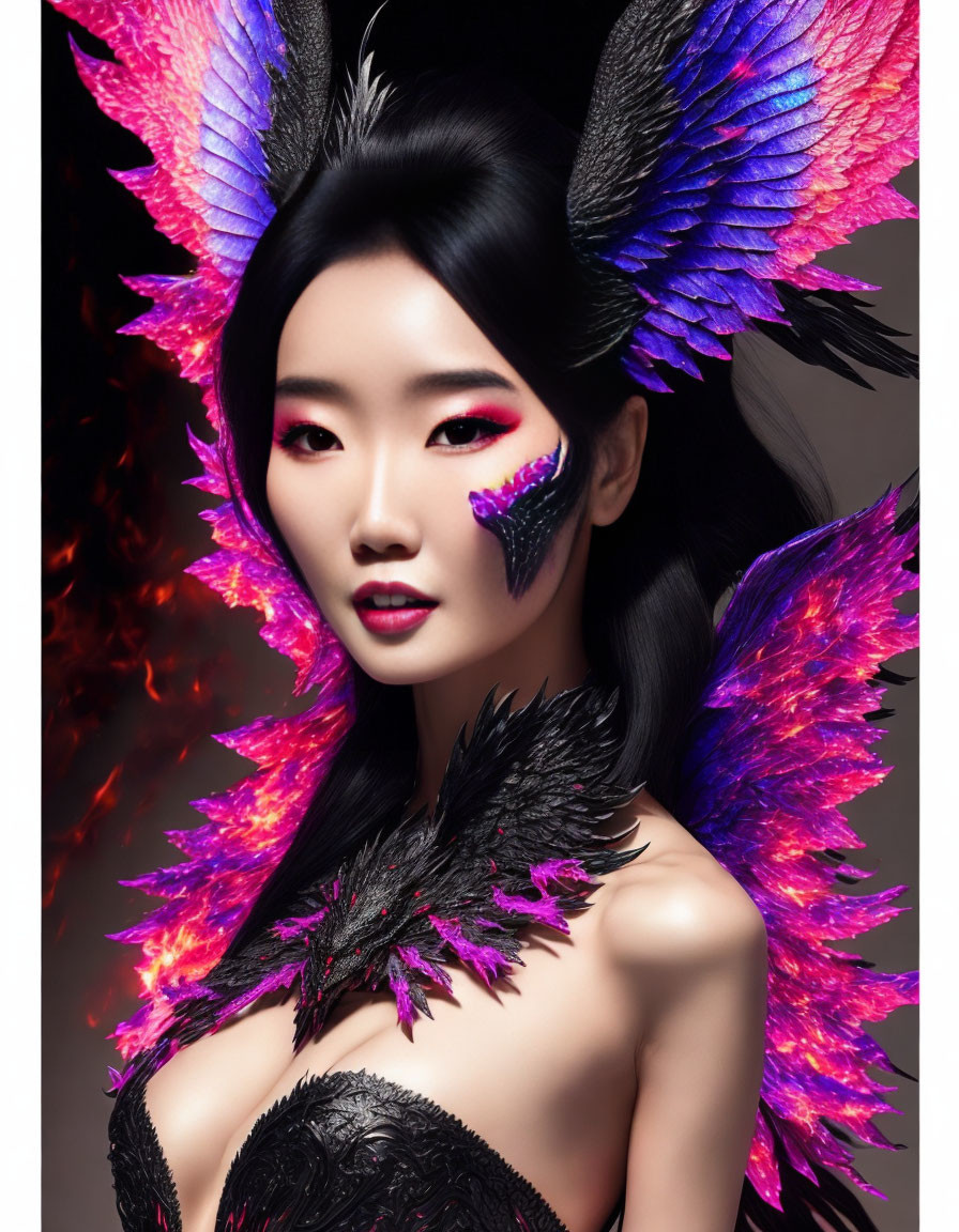 Colorful makeup and feathered attire on woman with fiery background and wings.