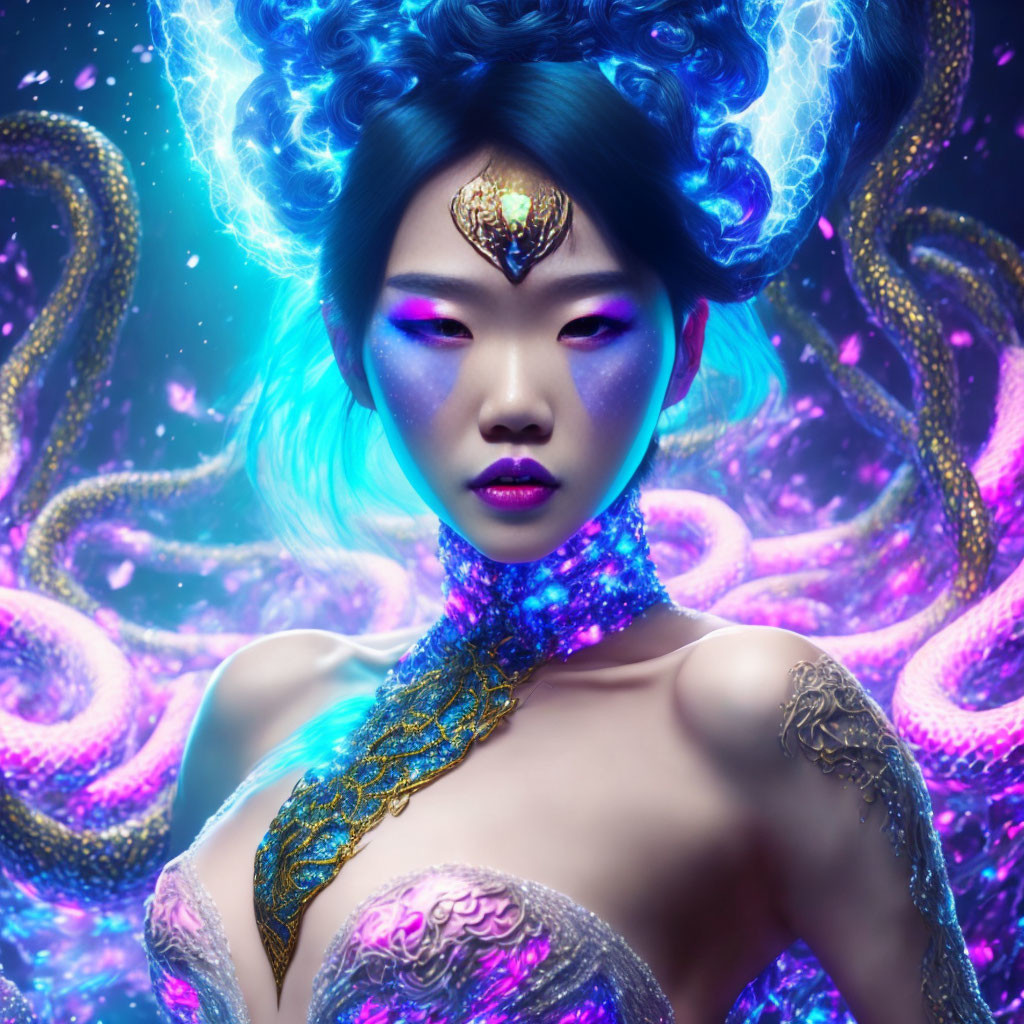 Fantastical portrait of woman with blue hair and intricate glowing patterns