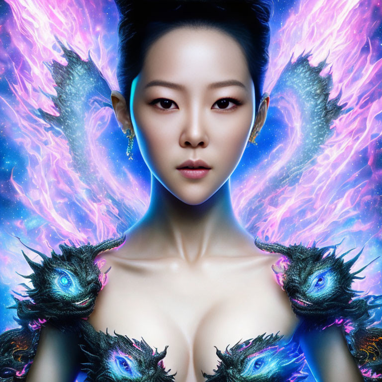 Digital artwork: Woman with glowing blue eyes and neon outlines, accompanied by mystical dragon-like creatures in cosmic