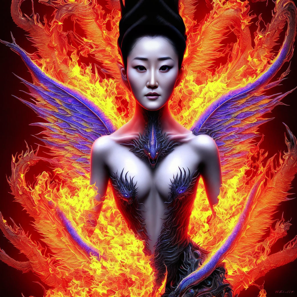 Fantasy artwork: Woman with fiery wings and ornate headdress on red background