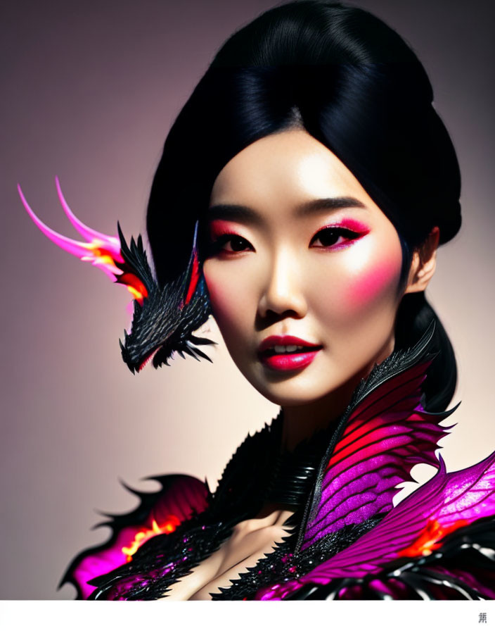 Fantasy makeup woman with dragon-inspired shoulder piece on pink background