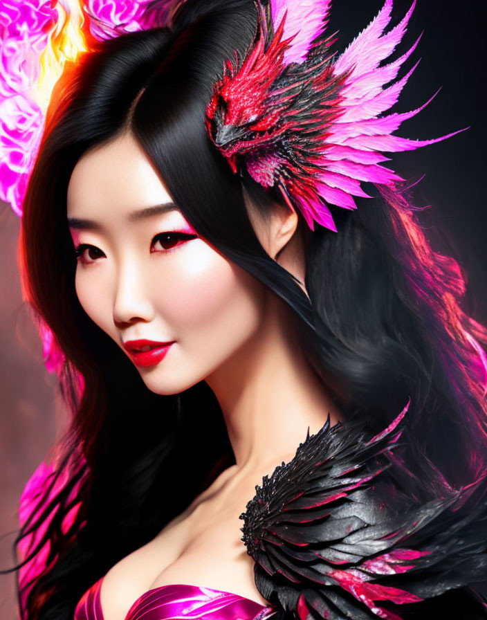 Dark-haired woman in red lipstick with fantasy attire and fiery backdrop