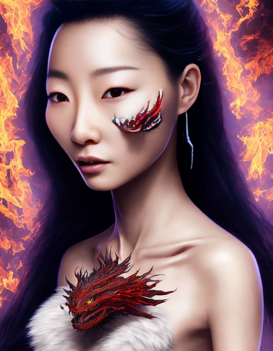 Woman with Dragon Scale Makeup and Fiery Dragon Shoulder Tattoo on Violet Background