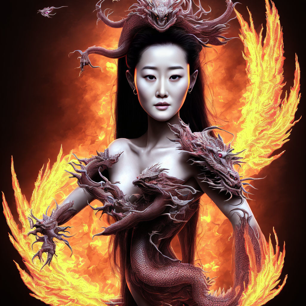 Digital artwork: Woman with Asian features, fiery wings, and serpentine dragons on dark background