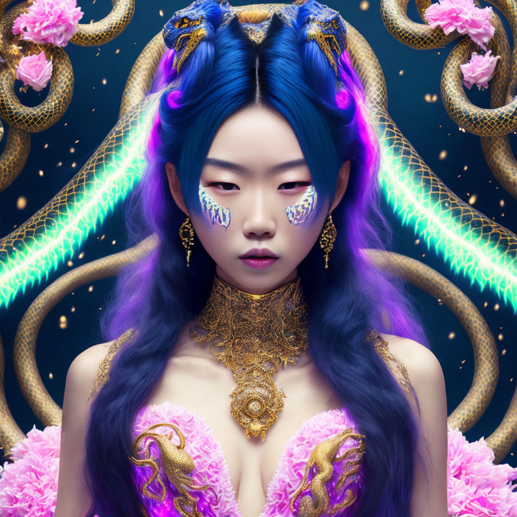 Woman with Blue and Purple Hair, Gold Jewelry, Serpents, and Pink Flowers