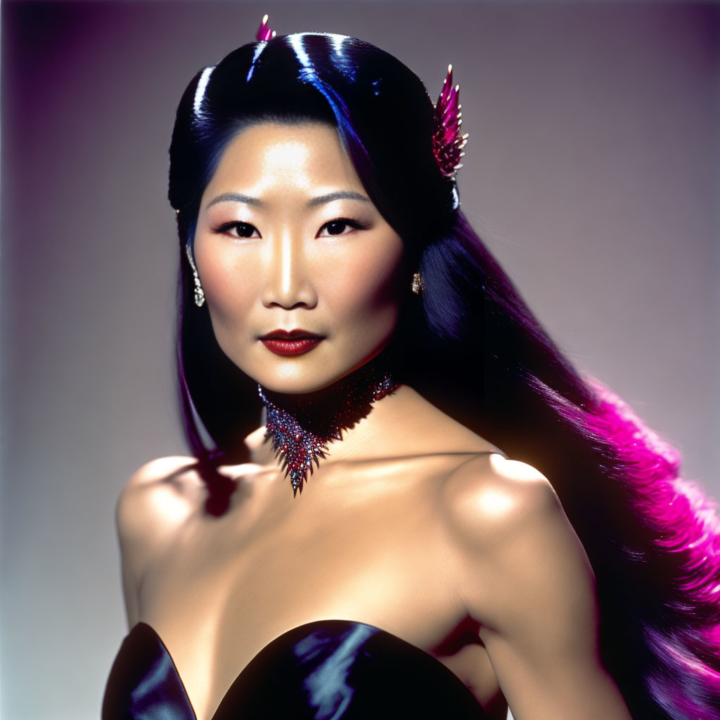 East Asian woman in black dress with sleek hair & ornate jewelry