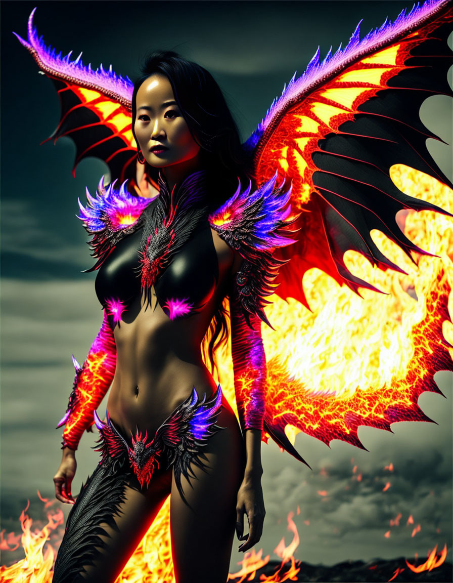 Intricate Armored Figure with Fiery Wings and Mystique