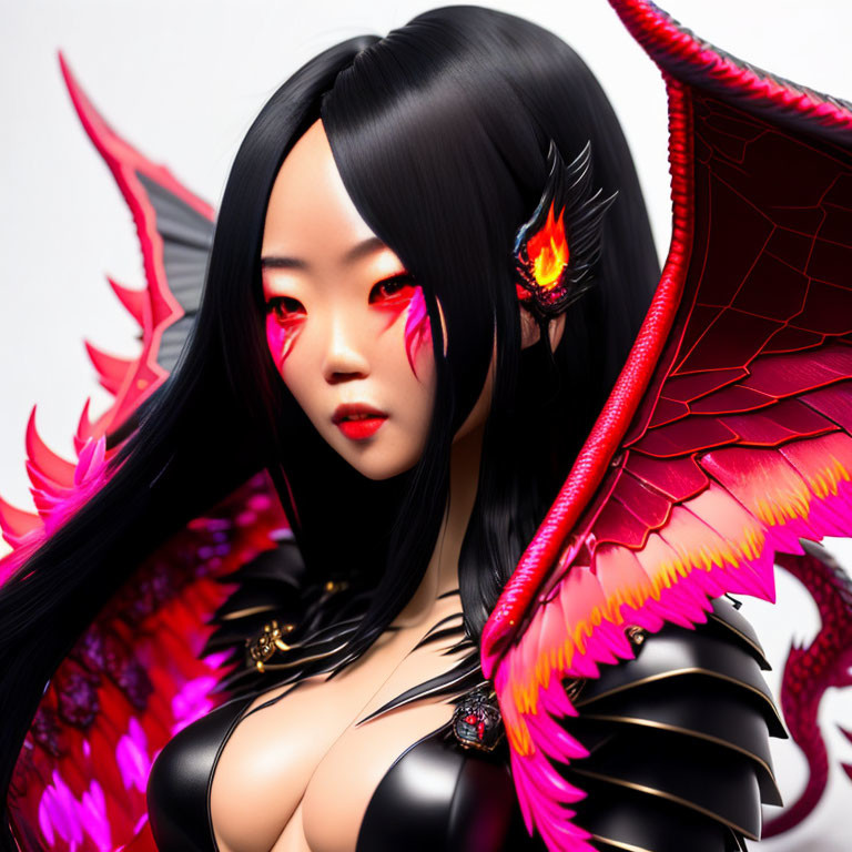 Digital artwork: Female figure with black hair, red eyes, and dragon-like wings.