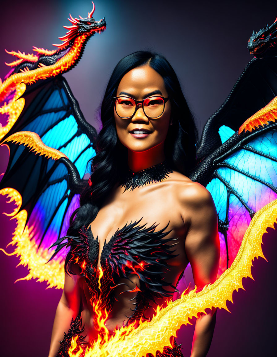 Fantasy Figure in Fiery Scales and Dragon Wings