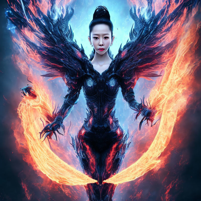 Person with dark fiery wings and armor against blue backdrop symbolizes power and mystique