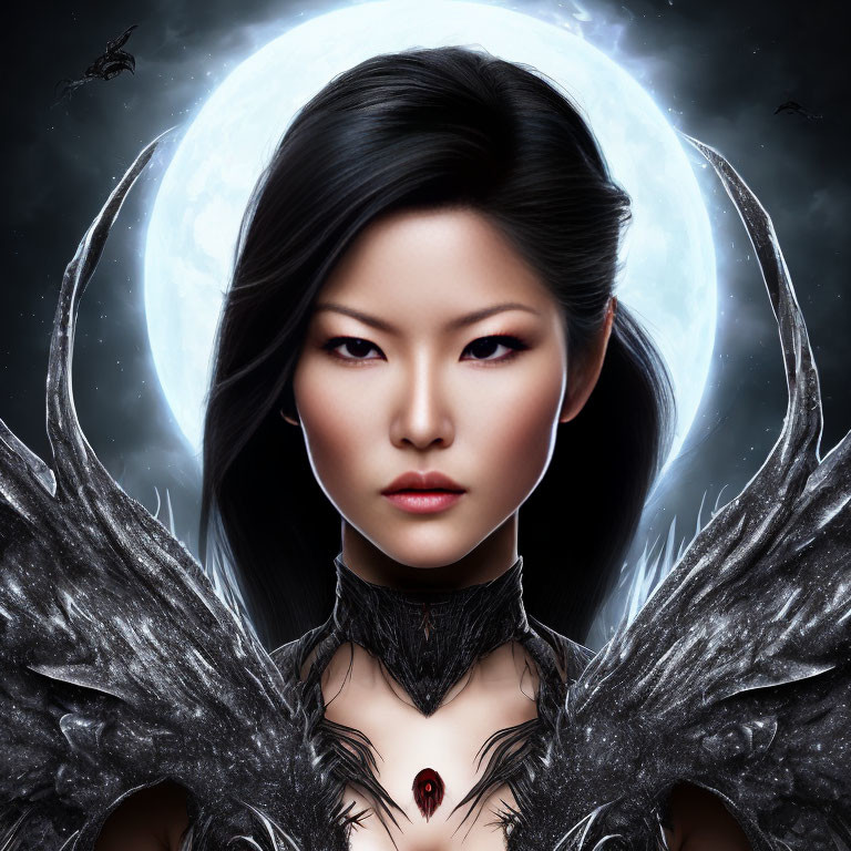 Digital Artwork: Pale-skinned woman with dark hair and red eyes, black feathered shoulders,